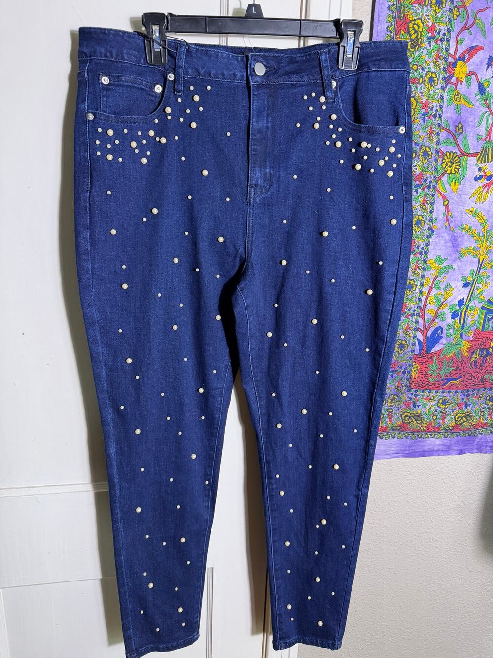 Fashion Nova Dripping In Pearls Skinny Jeans 16 Plus Dark Wash NWT Embellished